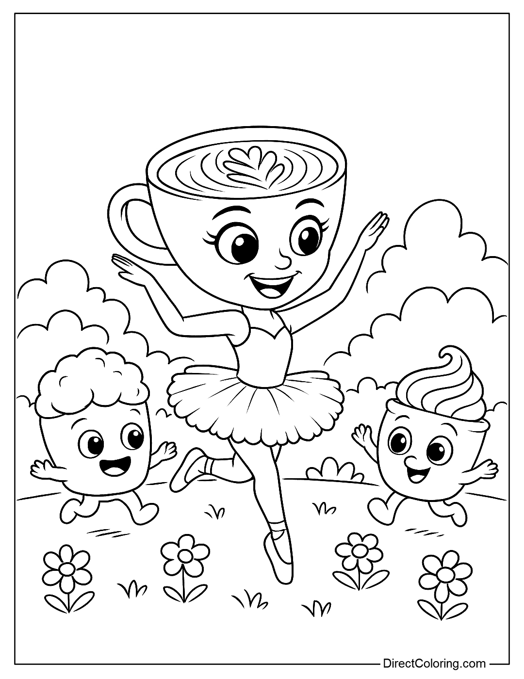 a coloring page of Cappuccina playing tag with Latte and Macchiato, super cute